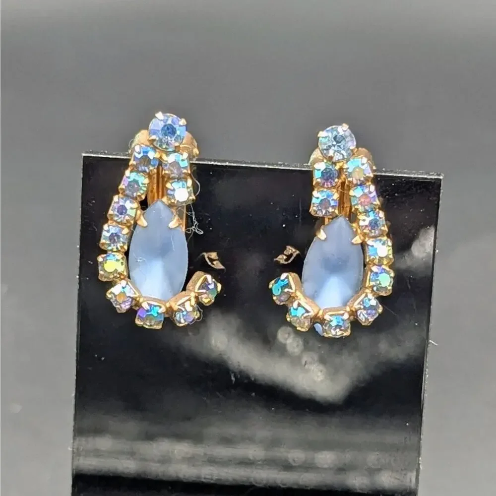Vintage Blue Cat’s Eye & Aurora Borealis Rhinestone Clip-On Earrings Gold Tone